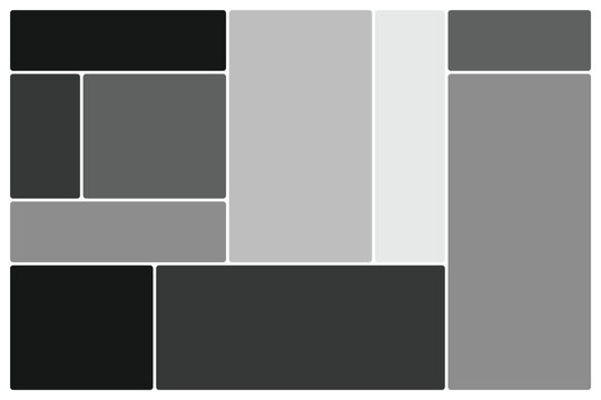 Set of Trendy bento grid layout style brick Ui UX templates. Grey on dark. Web comic grids, rounded corners. Different panel layouts with brutal shapes tiles of different sizes Vector illustration