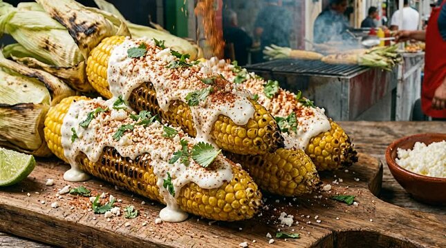 Delicious grilled corn street food preparation with creamy sauce and cheese topping grilled corn, elote.