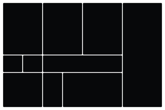 Clean vector photo collage layout with frames in bento grid system. Gray Bento Grid Layout. Collage image frame grid template. Modern modular UI design panels. Vector illustration. Bento grid set