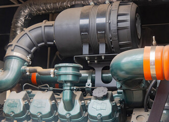 Industrial Engine Air Intake and Turbo System . Heavy Machinery Close-Up