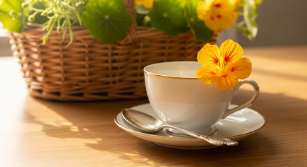 Elegant white cup with golden trim, paired with yellow flower and metal spoon, reflecting delicate aesthetic, inviting for relaxation and enjoyment