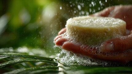 Fototapeta premium Hand care close-up with speckled exfoliating soap and lush bathroom greenery on a minimal background