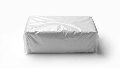 Obraz premium Rectangular object wrapped in clear plastic film. Clean, white background provides neutral space for product presentation. Useful for e-commerce logistics and retail packaging concepts.