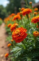 Orange French marigold flowers and buds grow in a garden bed. Green leaves surround bright blossoms. A dirt path runs alongside the blooming plants.