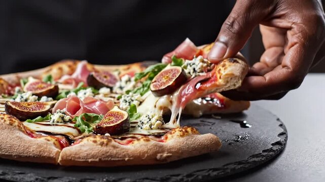 Hand taking slice of gourmet fig and prosciutto pizza