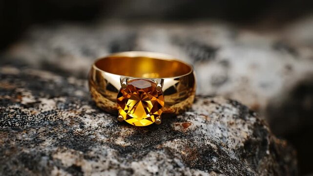Close-Up of a Stunning Gold Ring with Yellow Gemstone Resting on Textured Stones Outdoors