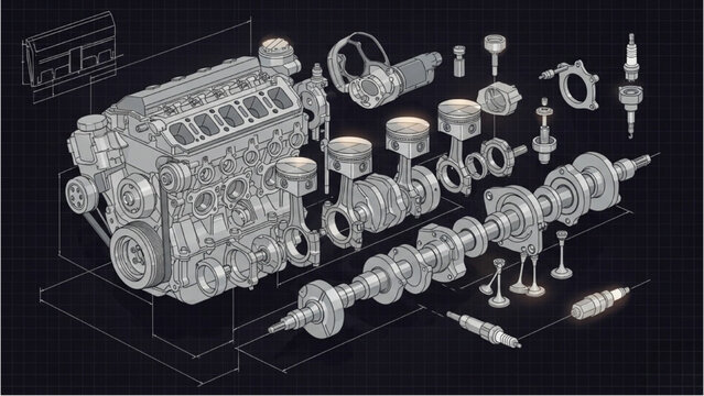 Detailed vehicle autocad blueprint of engine components and parts in exploded view for technical analysis