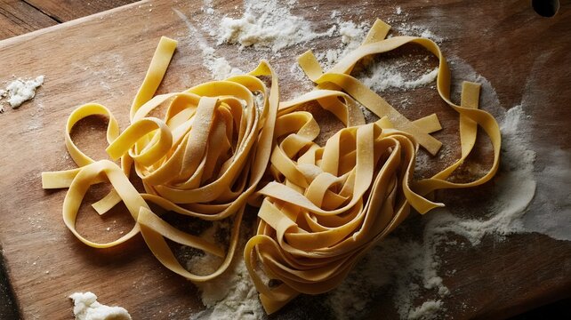 Fresh pasta noodles dusted with flour on wood &ndash; Perfect for Italian restaurant menus, cooking classes, or artisan food blogs.