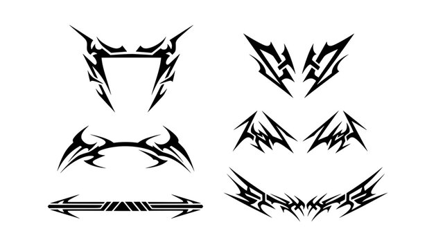 Sharp black tribal vector elements featuring futuristic borders, a winged cyber bird emblem in a hexagon, and a sci-fi eye icon for stream overlays