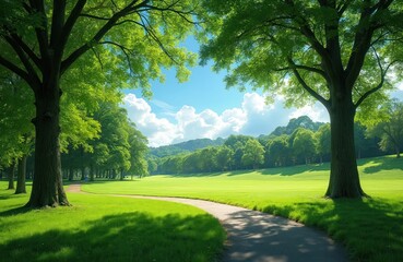 Lush green park with large trees, a winding path, and a bright blue sky with fluffy clouds. This serene landscape offers a peaceful setting for outdoor activities and relaxation.