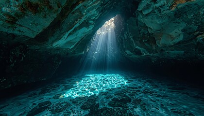 Underwater Cave Entrance with Sunlight Beam in Clear Tropical Water