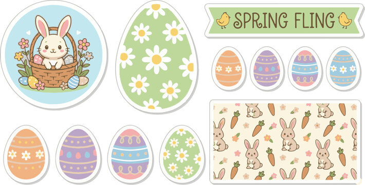 Cute Spring Fling Easter Sticker Set Illustration - Kawaii Bunny in Basket, Pastel Eggs, and Seamless Patterns