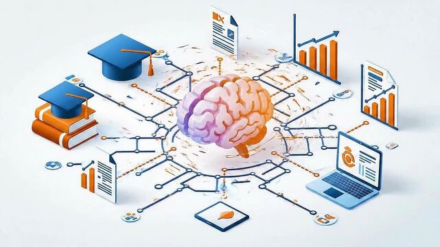 A video showcasing education and learning concepts with a brain surrounded by icons of books, graduation cap, laptop, and graphs.