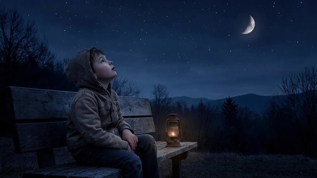 Boy stands in tall grass looking at night stars concept. Young boy sitting on wooden bench looking at crescent moon and stars during peaceful night in nature