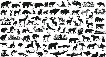 Collection of black silhouettes of various animals and a few buildings on white background