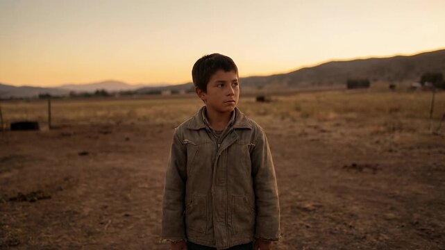 Boy stands in tall grass looking at night stars concept. Young boy standing in rural landscape at sunset with golden spiral overlay depicting natural proportions