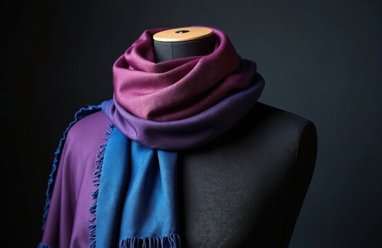 Purple and blue gradient scarf draped on mannequin. Smooth fabric with fringe detail. Elegant accessory for autumn or winter wear. Soft textile.