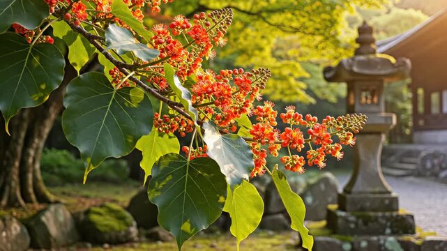Branch With Orange Blossoms Near A Stone Lantern In A Japanese Garden With Sunlight