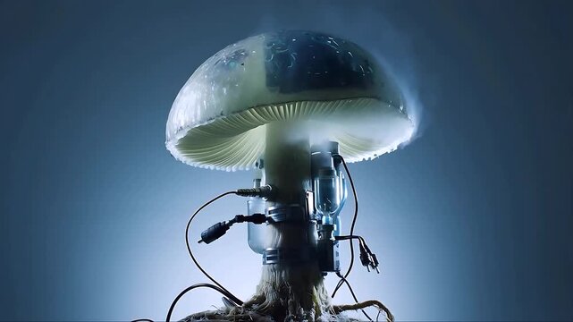 Mushroom Glowing with Integrated Electronic Components and Emitting Vapor in a Futuristic Design