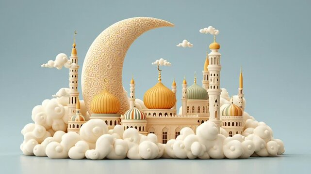 3D Mosque with Crescent Moon and Clouds.
