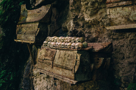 Ancient Wooden Coffins on Limestone Cliff in Toraja, Indonesia
