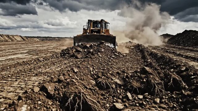 Bulldozer actively clearing and moving earth on a construction site