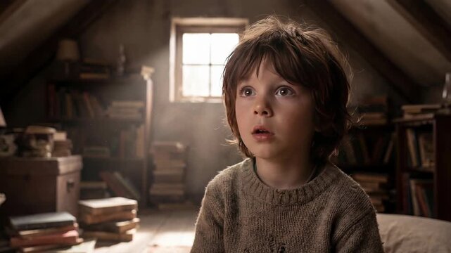 Boy stands in tall grass looking at night stars concept. Thoughtful young boy in cozy sweater sitting in rustic attic filled with books and soft natural light