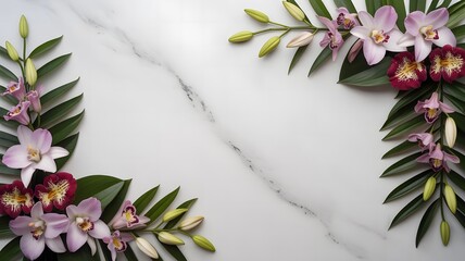 An elegant display of flowers and leaves artfully arranged on a white marble surface, creating a harmonious and visually appealing composition.