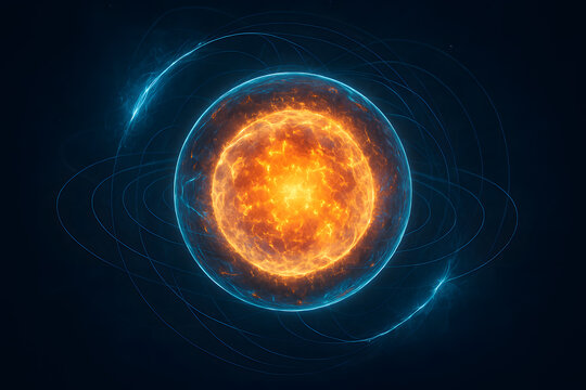 Futuristic clean energy concept featuring a hydrogen fusion reactor core with vibrant glowing plasma and electromagnetic field lines.