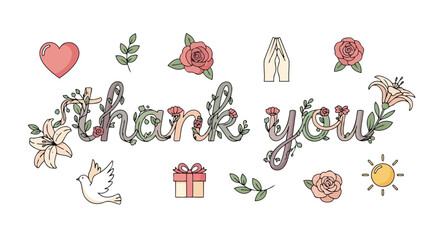 Whimsical Floral Thank You Illustration with Heart Dove and Gift Embellishments