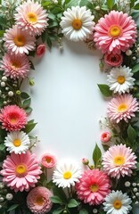 Obraz premium Colorful gerbera and daisy flowers border white background. Green leaves and buds frame empty space for text. Floral design for cards invitations celebrations holidays.
