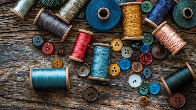 Colorful sewing threads and buttons arranged on a rustic wooden surface