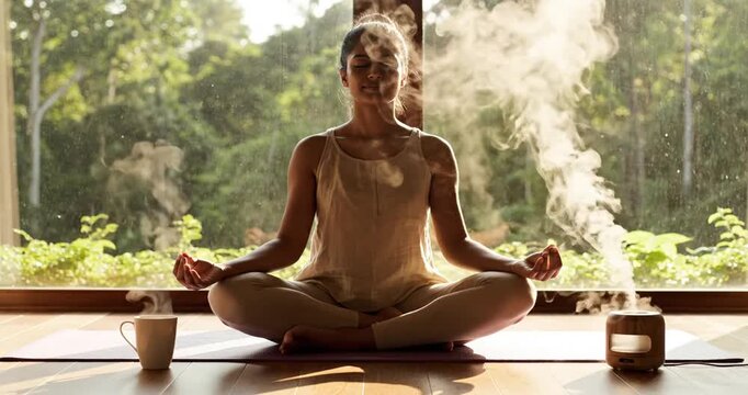Woman meditating peacefully indoors with aromatic diffuser and steaming cup beside her
