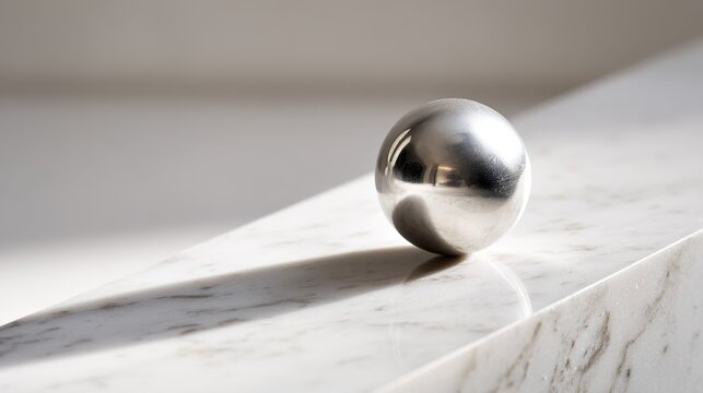 downhill. A polished silver ball rolling down a smooth white marble slope. lifestyle magazines, social media lookbooks, designed for influencer and brand collaborations, drives engagement.