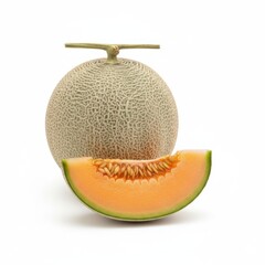 Fresh Whole Cantaloupe and Slice Isolated on White Background