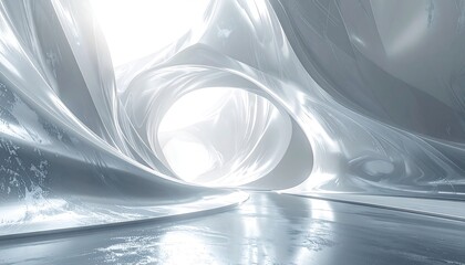 Fototapeta premium A surreal, luminous, architectural space defined by flowing, glossy, reflective surfaces; a central opening radiates light, creating a futuristic scene