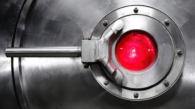 rotational. A large circular metal hatch on a spacecraft bulkhead with a red warning light and handle. product launch decks, UI/UX mockups, designed for product launches and innovation pitches.