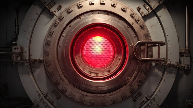 rotational. A large circular metal hatch on a spacecraft bulkhead with a red warning light and handle. product launch decks, UI/UX mockups, designed for product launches and innovation pitches.