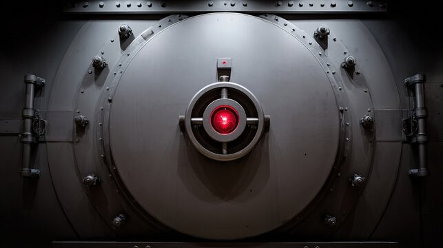 rotational. A large circular metal hatch on a spacecraft bulkhead with a red warning light and handle. product launch decks, UI/UX mockups, designed for product launches and innovation pitches.