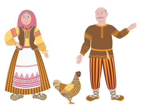 Russian fairy tale hen ryaba. illustration. Vector Russian old man and old woman living in the village. old people isolated on white background, old woman and old man. Senior man and woman.  