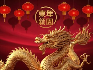 Fototapeta premium Golden dragon with red lanterns and chinese characters in a festive background