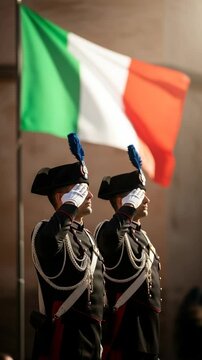 Italian Carabinieri Officers in Full Dress Uniform Saluting National Flag at State Ceremony