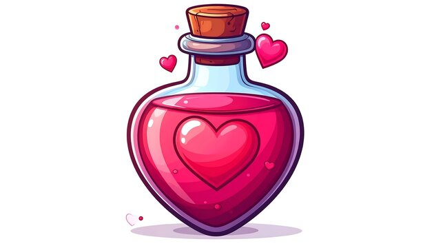 Cartoon illustration featuring a heart-shaped potion bottle filled with pink liquid. Tiny hearts float around it