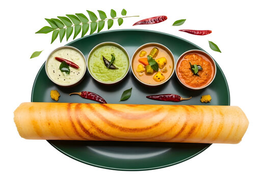 Delicious dosa with three types of chutney on a green plate isolated on transparent background