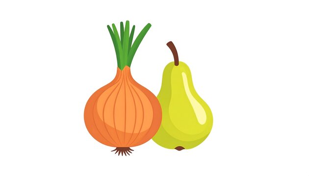 A cartoon illustration featuring a round onion with green sprouts and a green, teardrop-shaped pear, side-by-side on white