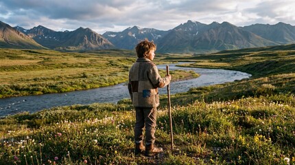 Boy stands in tall grass looking at night stars concept. A child stands by a river, surrounded by mountains and nature.