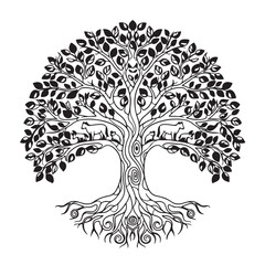 Obraz premium Tree of life with intricate roots and branches, featuring hidden animals, black and white