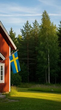 Traditional Swedish Red Cottage with Flag in Summer Forest Setting