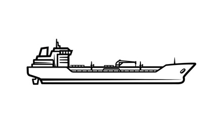 Obraz premium A detailed black and white illustration of a large cargo ship, a tanker, sailing on the sea.