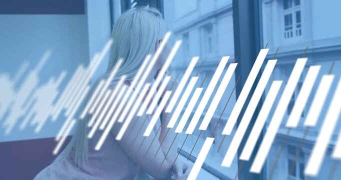 Daylight streaming pulsing white bars as woman leaning on railing admiring city view in real estate
